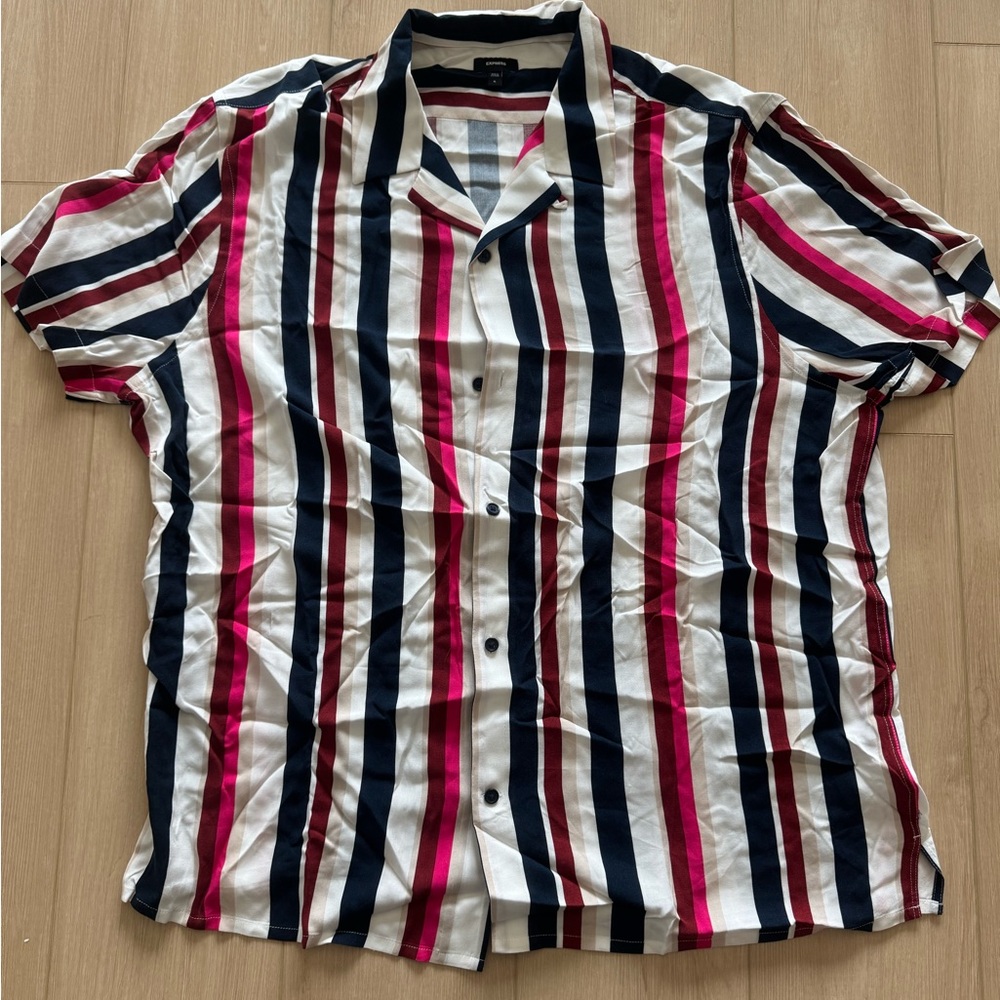 Express Men's Red, Blue, and White Striped Shirt